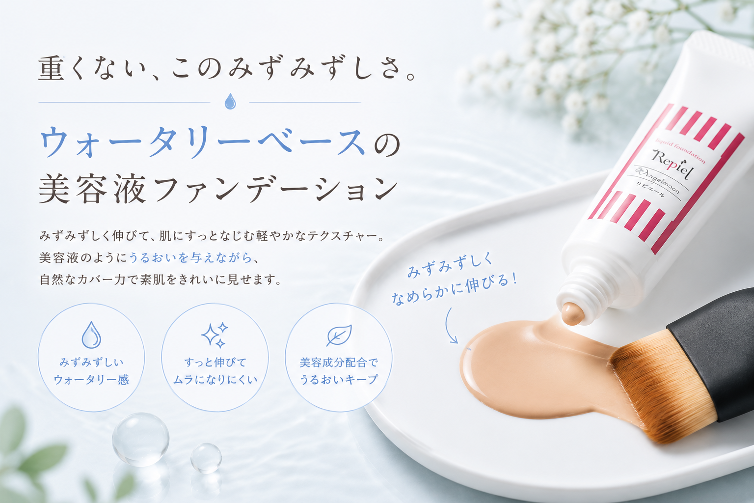 ウォータリーリキッドファンデーションで仕上げた素肌感のある自然なつや肌